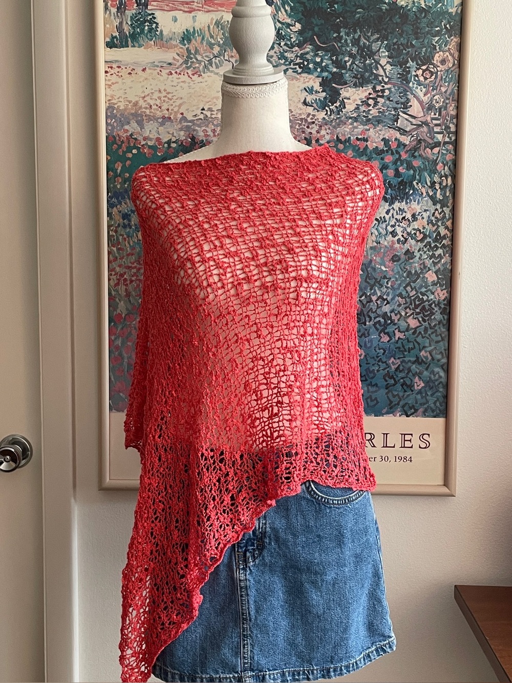 Crochet Knit Poncho Coral Pink Open Weave Asymmetric Boho Festival Cottage OS